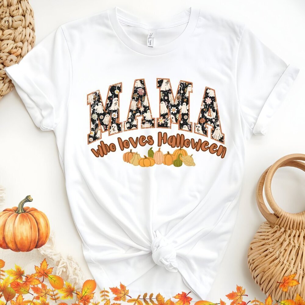 MAMA Who Loves Halloween Fall Holiday Softstyle Shirt - Gildan White Var Sizes - Picture 1 of 2